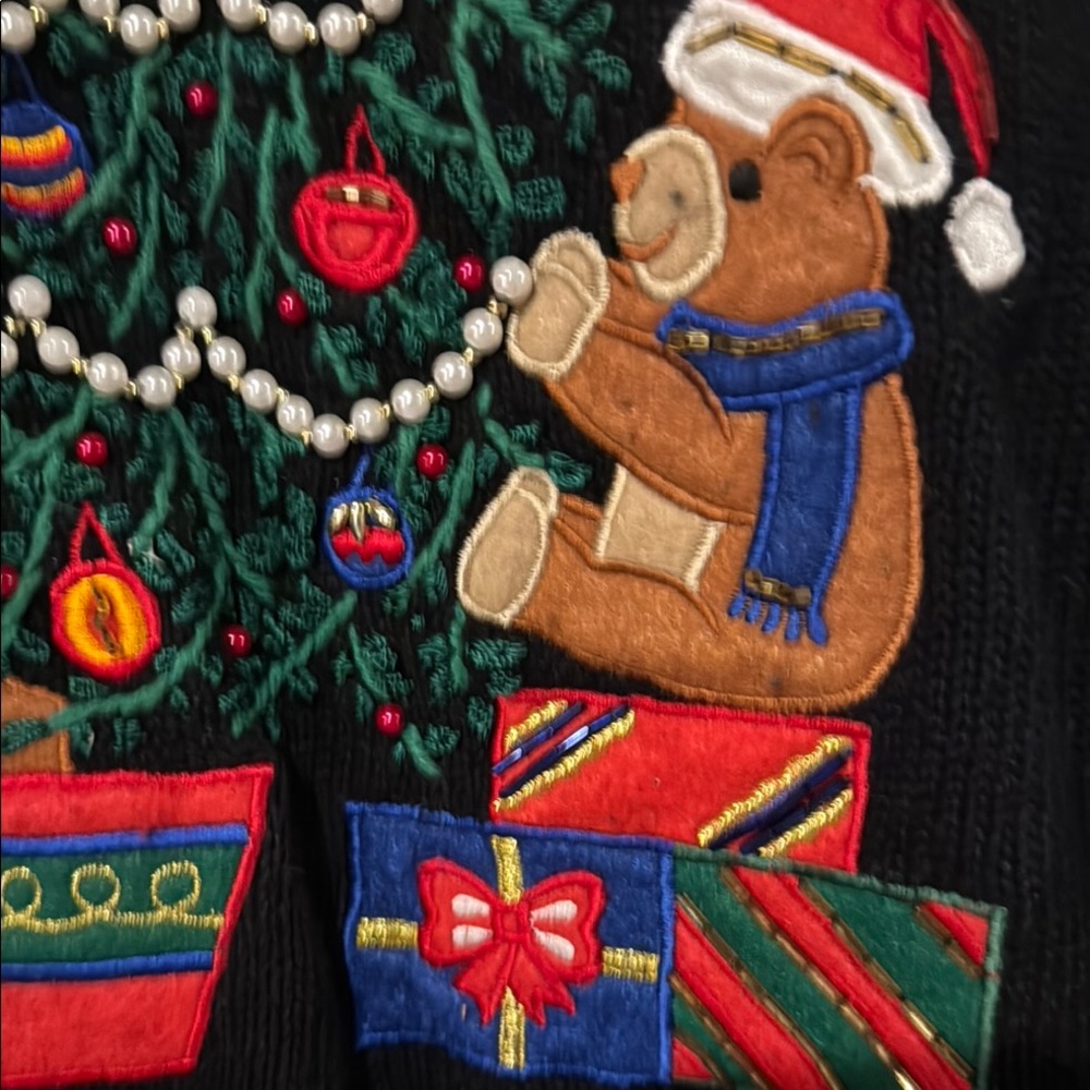 Ugly/Festive Black Christmas Sweater with Tree and Bear Design - Picture 7 of 9